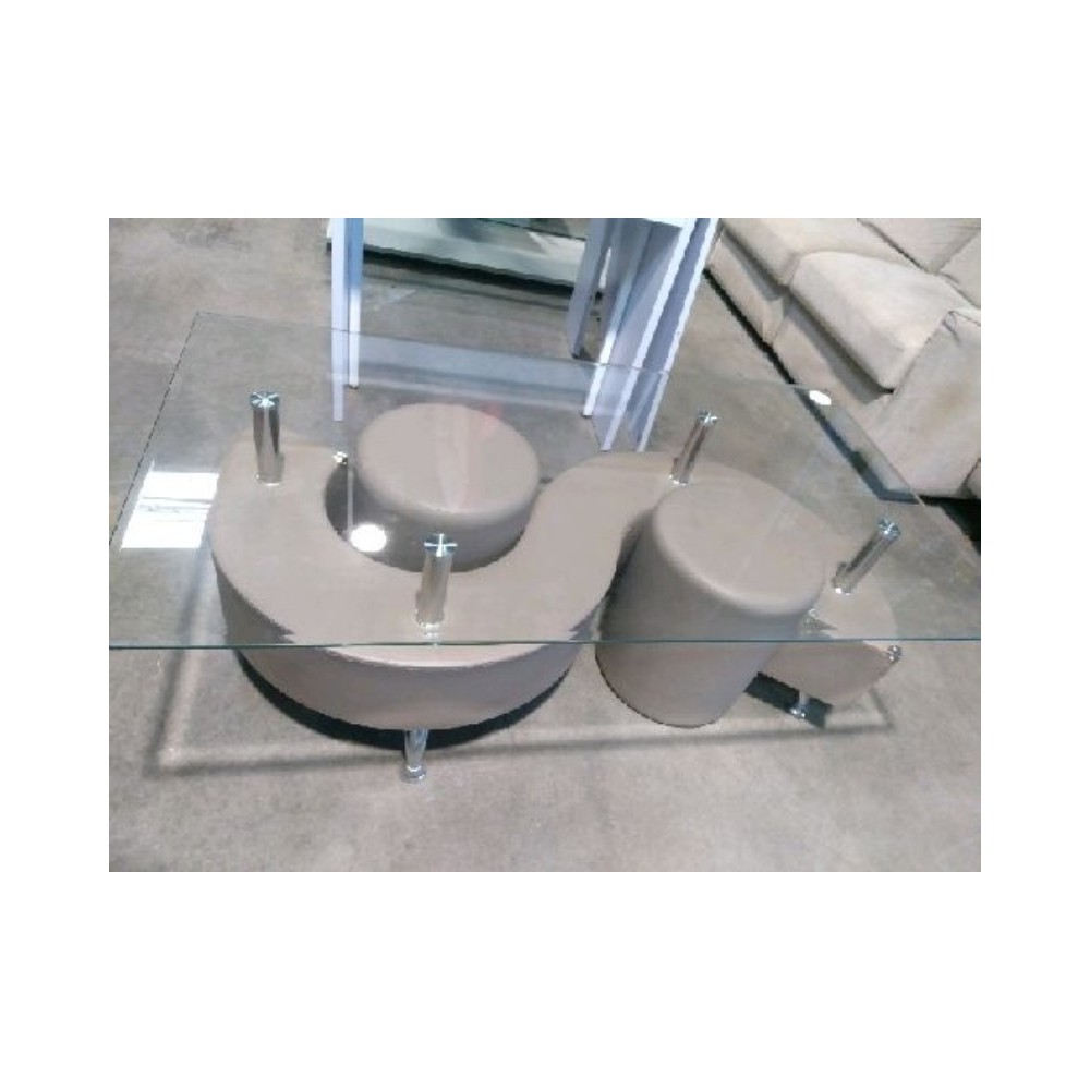 table basse en verre forme de S avec 2 poufs 